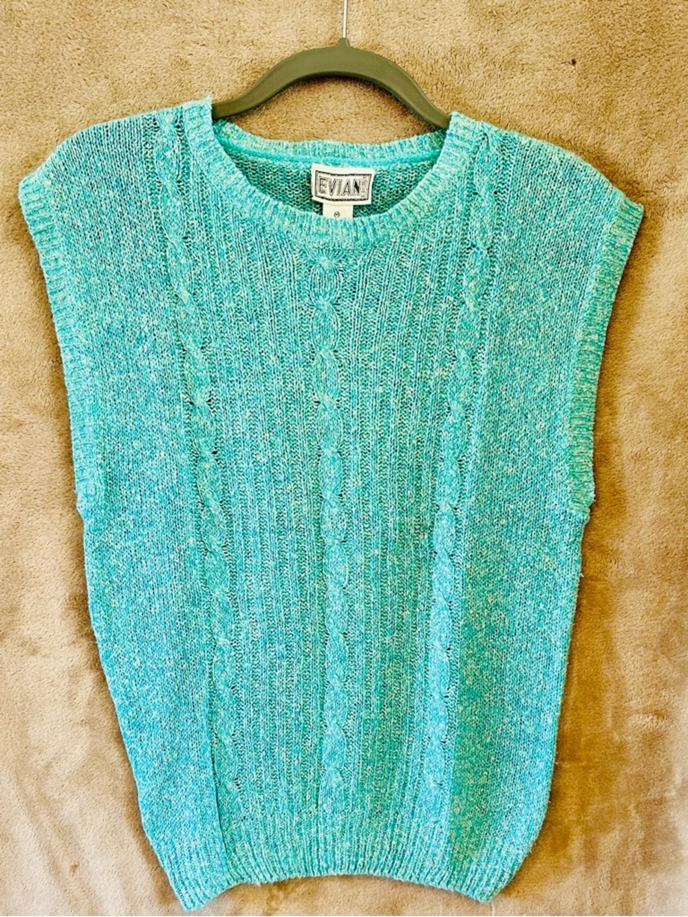 Vintage Evian Cable Knit Sweater Vest Silk Angora Blend Teal Size M